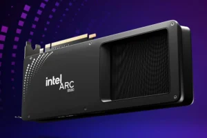 Intel ARC B580 back side picture with blue background